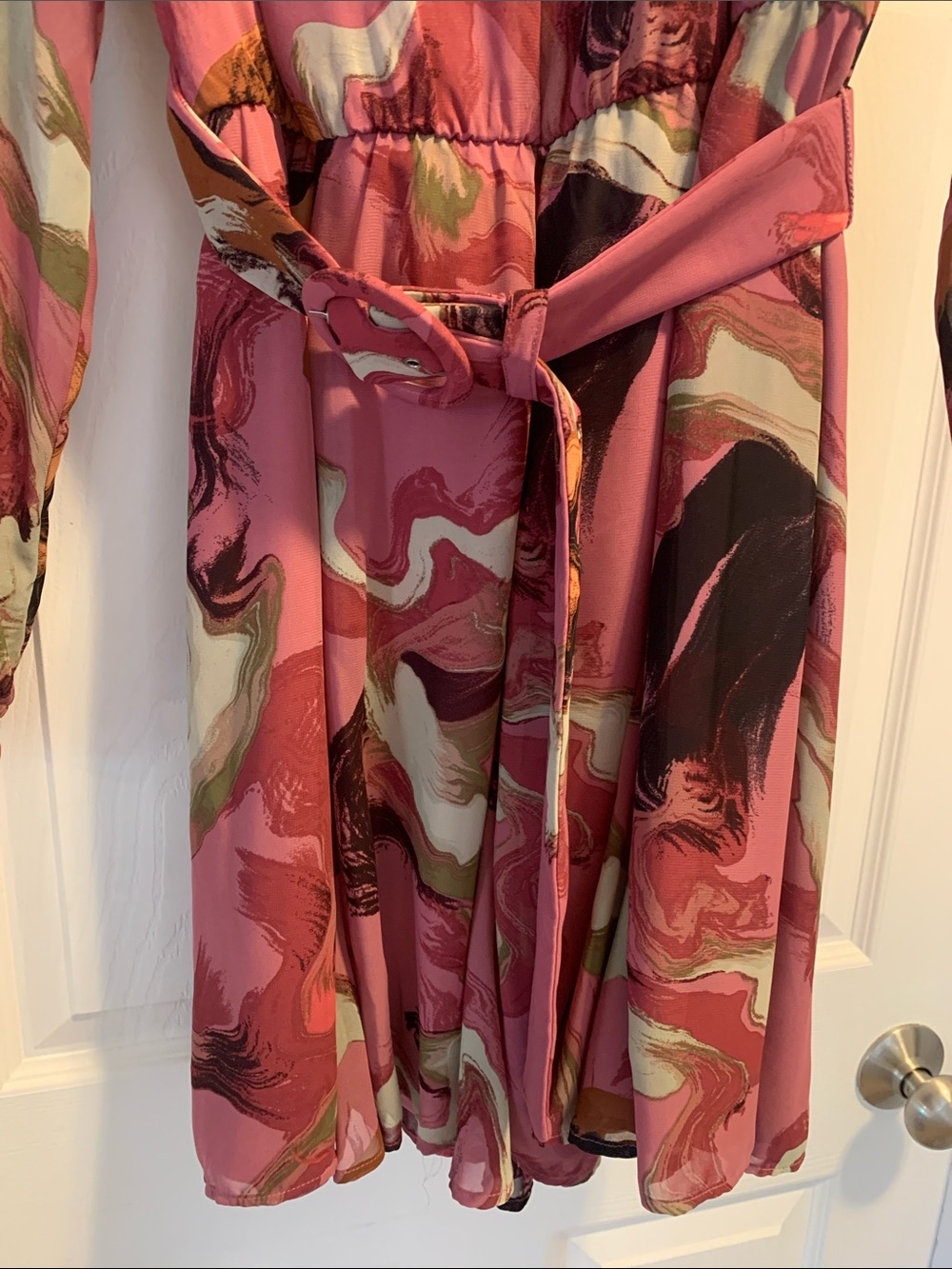 Nine West Pink Marble-Print Long Sleeve Romper with Tie Waist - Picture 3 of 5